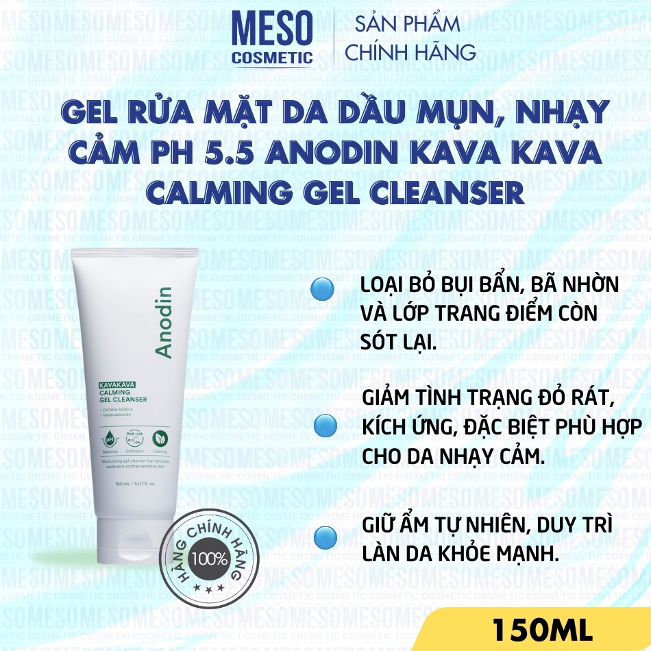 Gel rửa mặt da dầu mụn, nhạy cảm pH 5.5 Anodin KAVA KAVA Calming Gel Cleanser